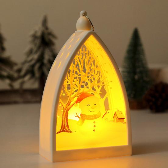 Vintage Christmas Ornament House Shape Santa Claus Deer Snowman Statue Night Light Glowing Decoration
