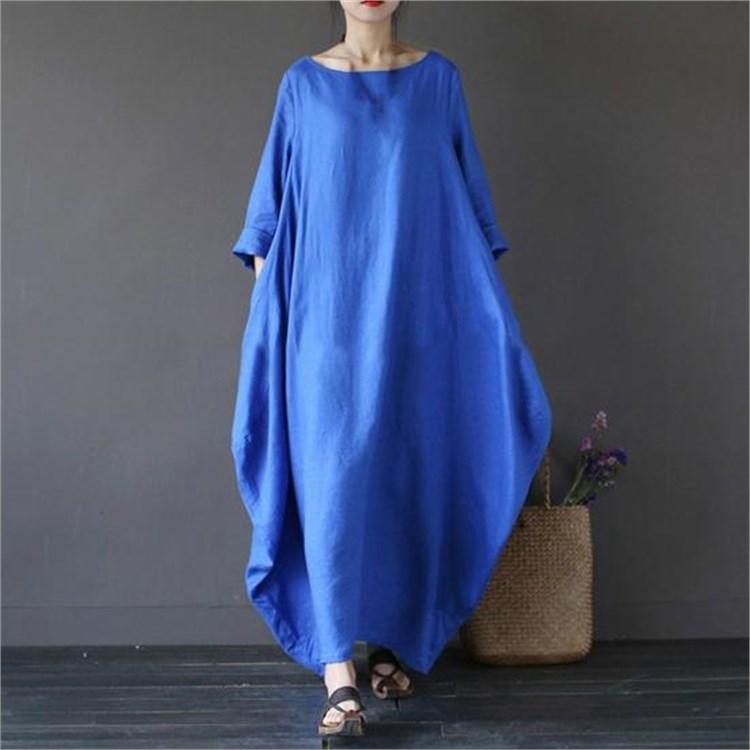 Plus Size Women Vintage Loose Round Neck Spring Dress for Daily Wear