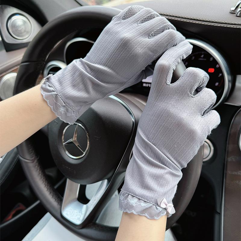 Ice silk spring and autumn thin ultraviolet summer riding driving cycling non-slip touch screen women's lace sunscreen gloves
