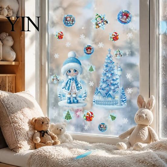 Snow Girl Glass Decals Blue Winter Christmas Static Window Cling, Cute Maiden Xmas Tree Easy Peel Stick Sticker Sticker, PVC Reusable Decal
