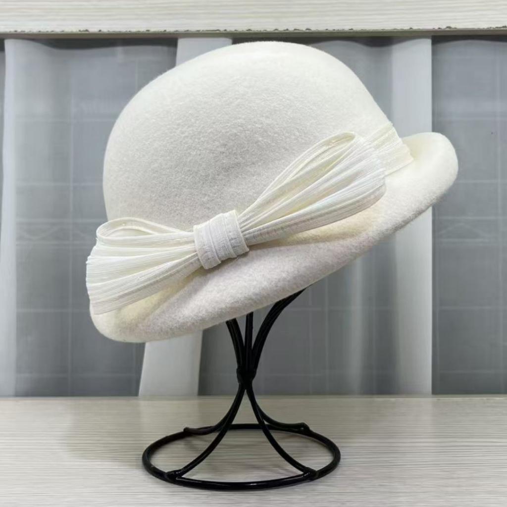 French Basin Hat Autumn and Winter High-end Celebrity Daughter Wind Silk Hemp Bow Crimped Top Hat Temperament Pure Wool Felt Hat