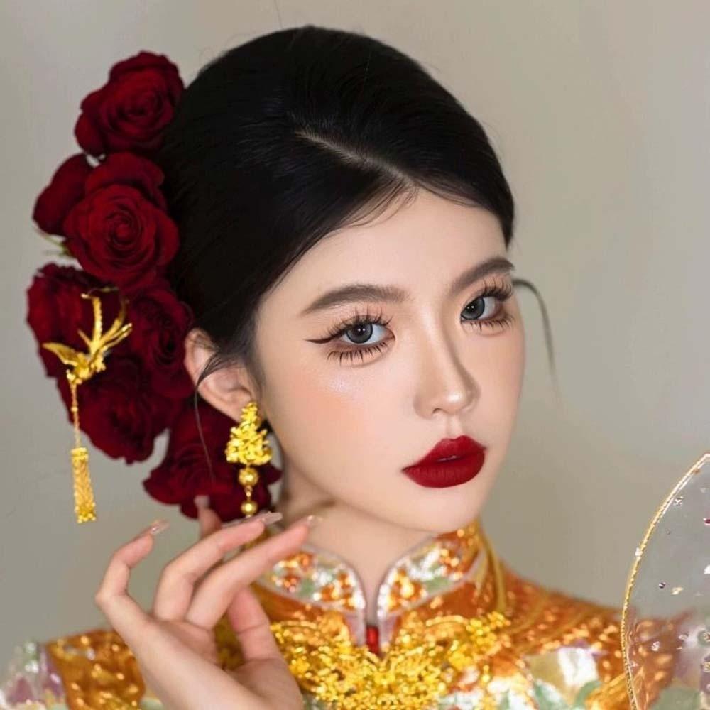 Chinese Style Golden Phoenix Hairpin Cloth Bride Flower Side Clips Beautiful Rose Hair Forks  Women