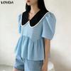 VONDA Summer Women Summer Laple Neck Splicing Polka Dot Short Sleeve Casual Blouse Tops