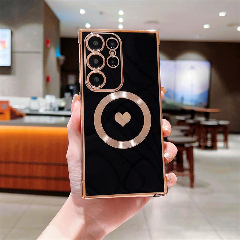 

Plating Lovely Heart Soft Case For Samsung Galaxy S25 S24 S23 S22 S21 Plus Ultra S20 FE Magnetic Wireless Charge Cover For Galaxy S25