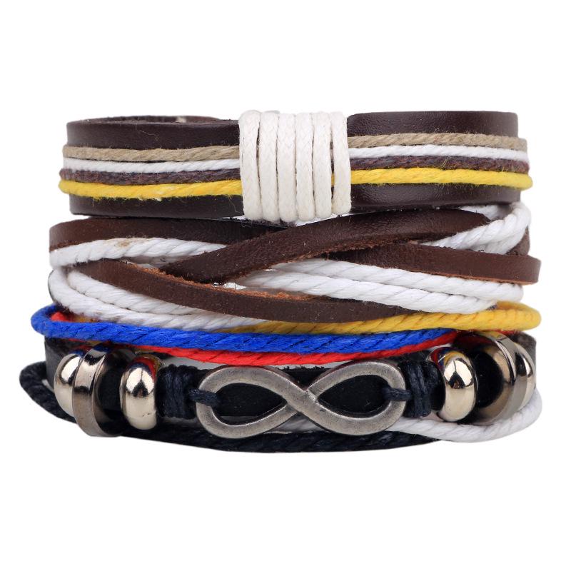 Men's Retro Multi-Strand Cowhide Anchor Bracelet Set with Wood Beads