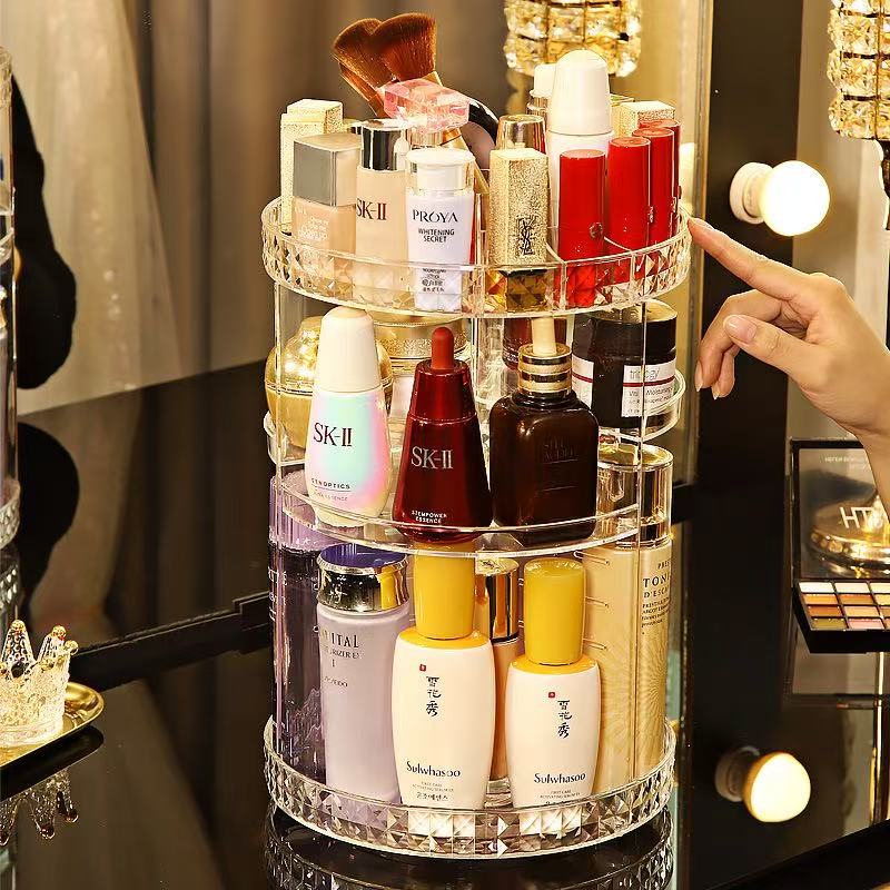 Makeup Organizer Cosmetic 360° Rotation Display Case With Brush Holder Perfume Tray Storage Bathroom Countertop Plastic