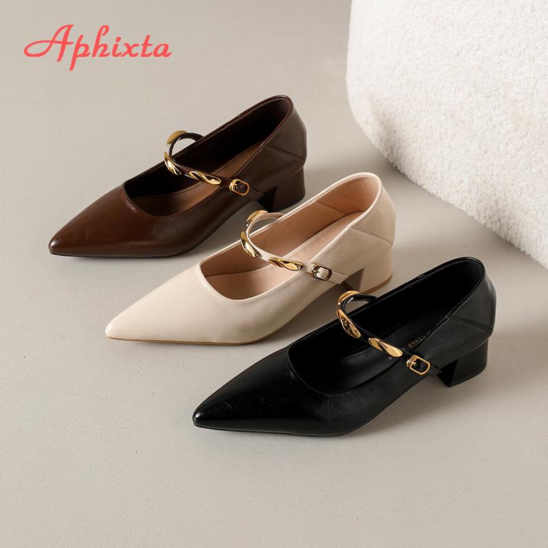 Aphixta High Quality 4cm Mid- Heel Pumps Pointed Toe Metal Buckle Women's Mary Janes High Heels Elegant Office Ladies Shoes