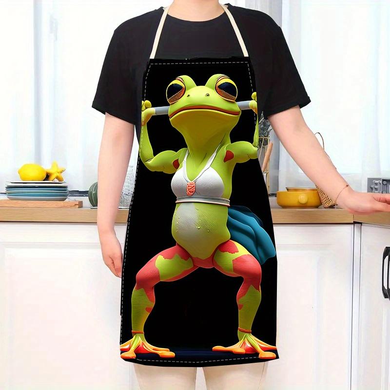 1pc/Funny Bodybuilding Frog Apron with Barbell Print 3D Cartoon Design Kitchen Cooking Baking BBQ Work Wear Novelty Gift for Men