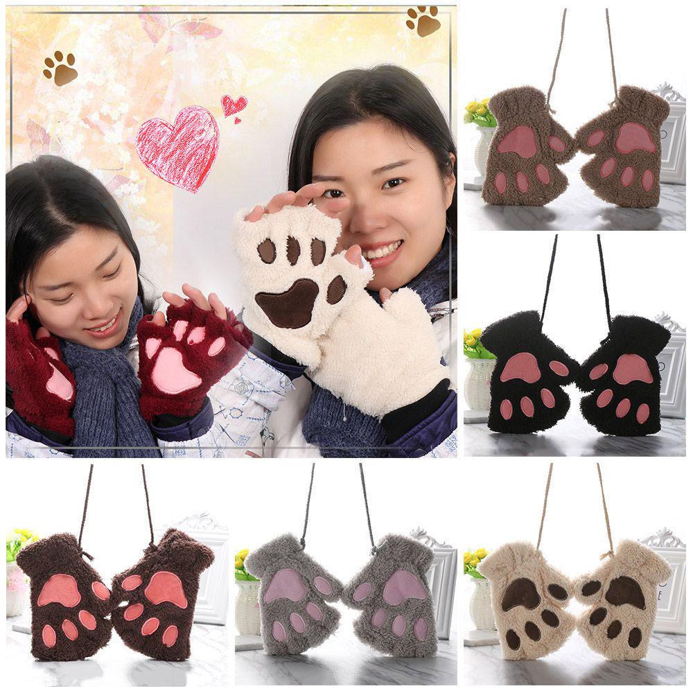 14Colors Girl Winter Lovely Fluffy Plush Gloves Fingerless Bear Cat Paw