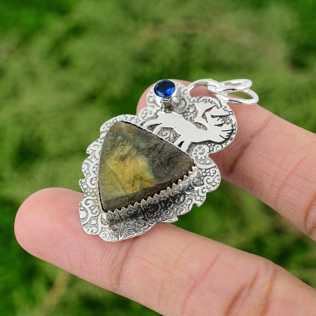 Trillion Natural Labradorite Rough Tanzanite Quartz Pendant 925 Sterling Silver