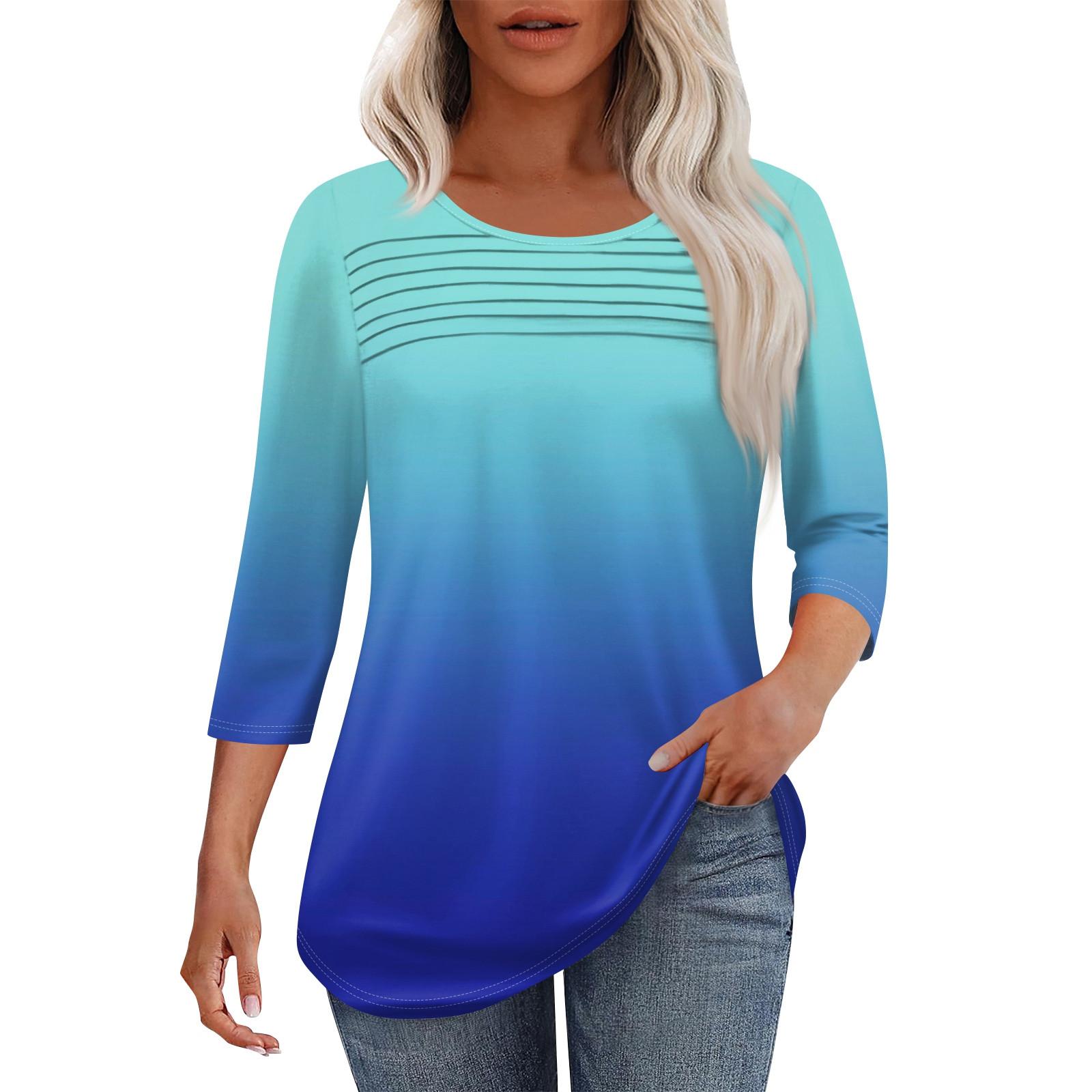 

Женская мода круглый вырез шея плиссированная передняя планка однотонный топ рукав 3/4 L синий