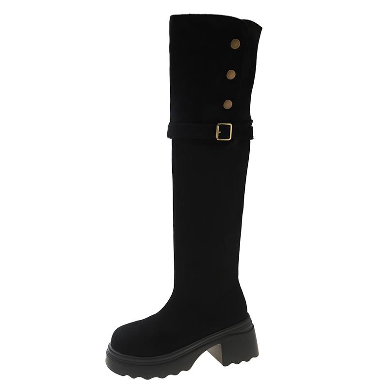 Fashion 2025 Autumn Fashion Suede Wear Thick-heels Women's The Knee Boot Retro Anti Slip Outdoor Knight Ladies Boots