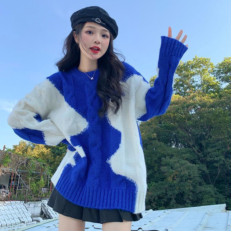 Frittierte Teigzöpfe Pullover Damen Herbst- und Winterbekleidung Lässiger Stil Retro Farbkontrast Graffiti Strickoberteil