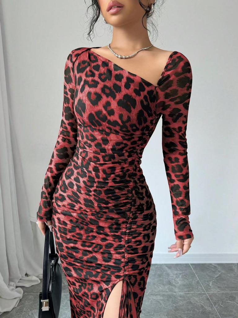 European & American Leopard Print Round Neck Long Sleeve High Waist Dress