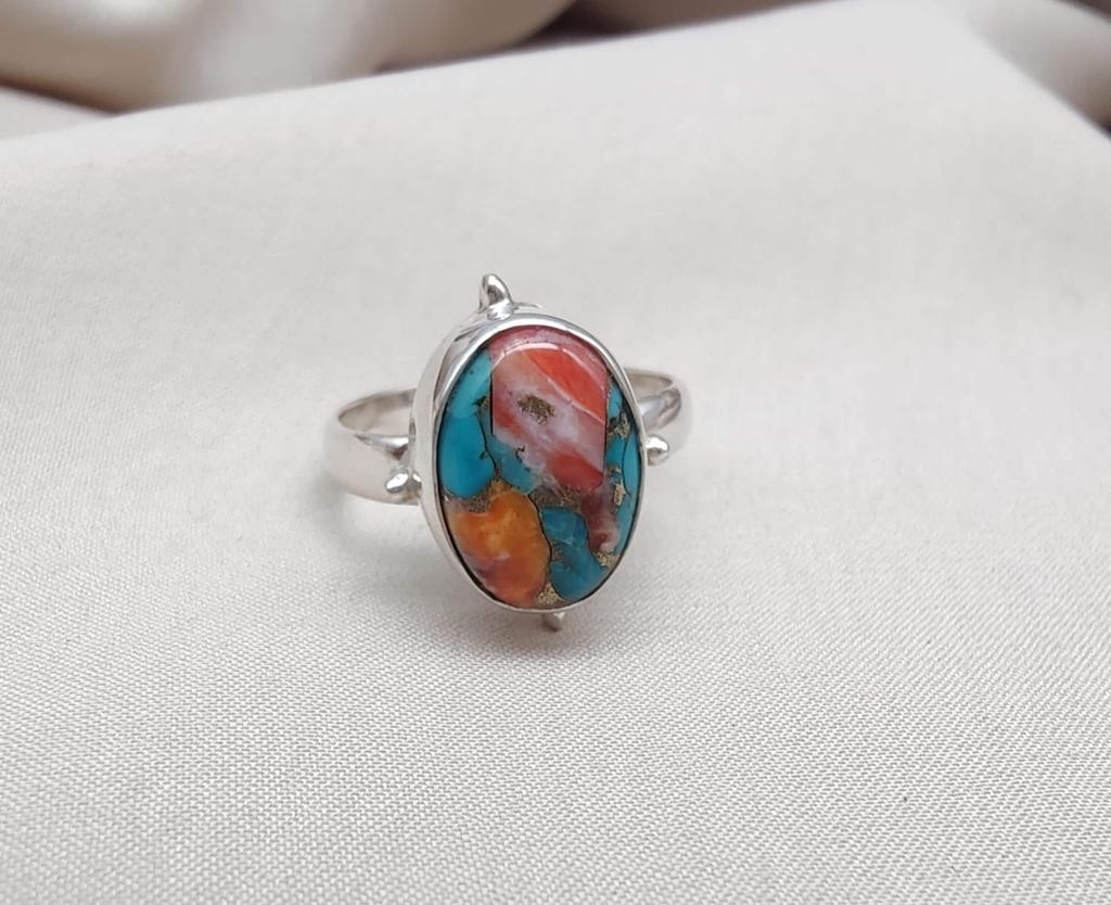 925 Sterling Silver Spiny Oyster Turquoise Ring: Handmade Boho Jewelry