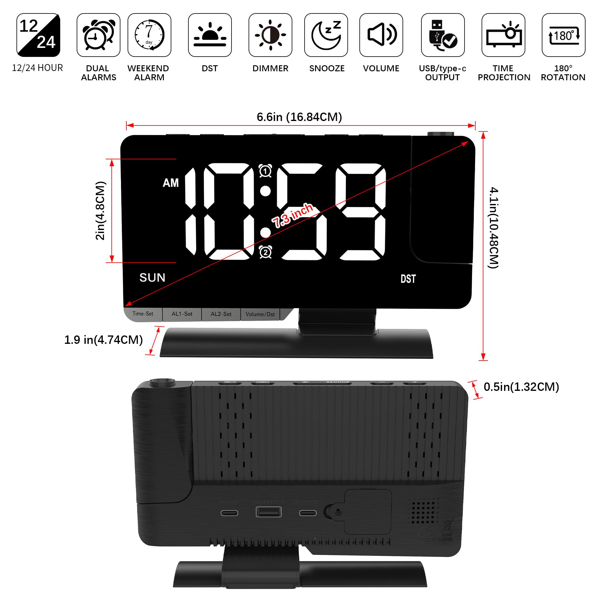 

LED Digital Alarm Clock Projection Clock with 180°Rotatable Projector Mirror Large Screen Projection Clock For Home Office Table чорний