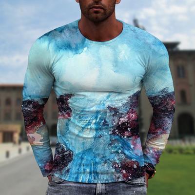Rundhals 3D Bunt Bedrucktes Oberteil Lässige Langarm Herren T-Shirts - Weicher Mittlerer Stretch Polyesterstoff Frühling und Herbst Relaxed Fit Kleidung