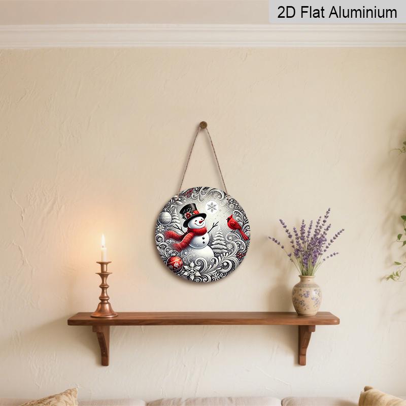 2D Flat, 1pc Winter Round Aluminum Sign, Snowman Round Wall Decor with Red Bird Rustic Metal Wall Art, Festive Metal Wall Art Decor, Wall Decor Signs