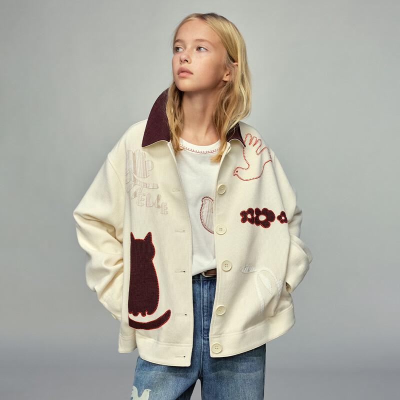 ELLE KIDS Girls Patch Embroidered Lapel Jacket 140