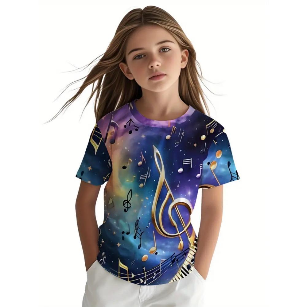Retro children's clothing 3D music notes printed girls' clothing daily casual short sleeved street designer T-shirt top loose and fashionable T-shirt