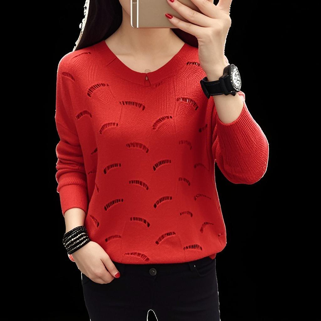 

Ажурная трикотажная блузка, трикотажный пуловер, женское базовое пальто, свитер, прозрачное платье, свободный крой с тонким свитером, милый XL красный