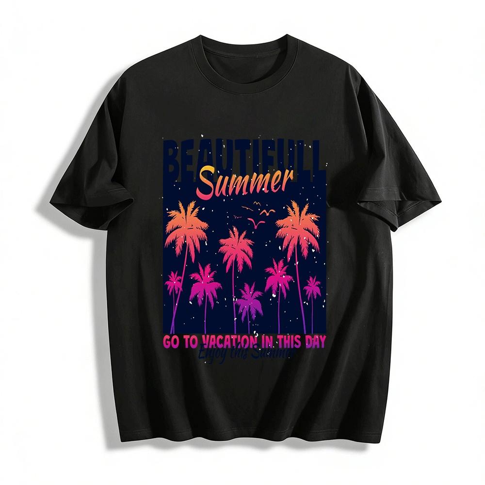 

Gradient Coconut Tree Summer Vacation Graphic Casual T-Shirt Pure cotton T-shirt XXS