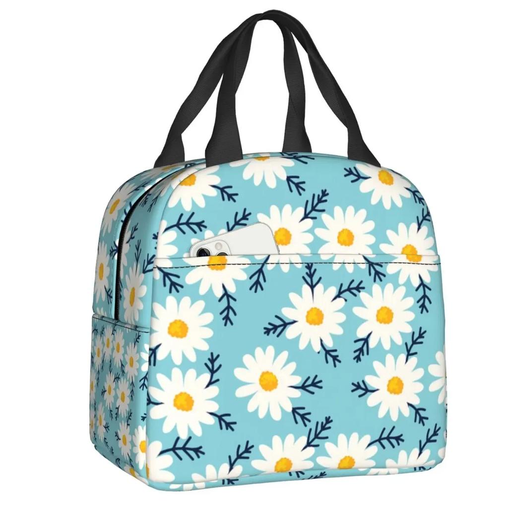 Floral Daisy Print Insulated Lunch Bag for Women Chamomile Flowers Cooler Thermal Lunch Tote Box Portable Picnic Food Bento Bags