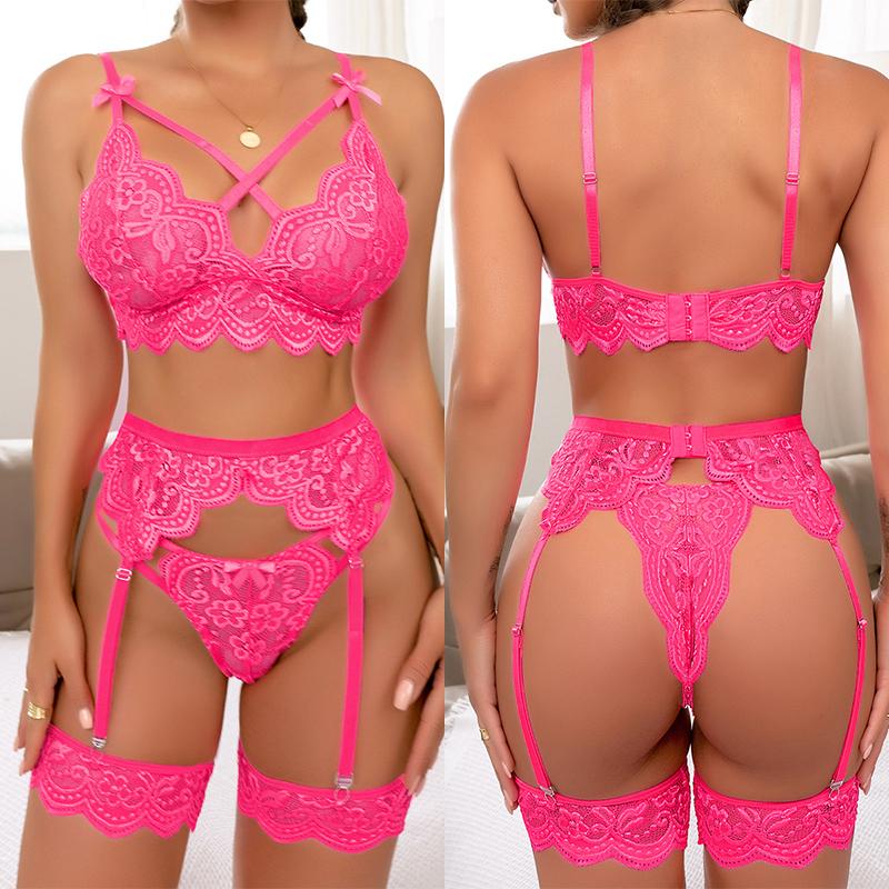 Sexy Bow Exotic Sets Hollow Out Women's Underwear Erotic Cut-out Sexy Lingerie Bra Panty And Garters Lingerie Set Lenceria Mujer