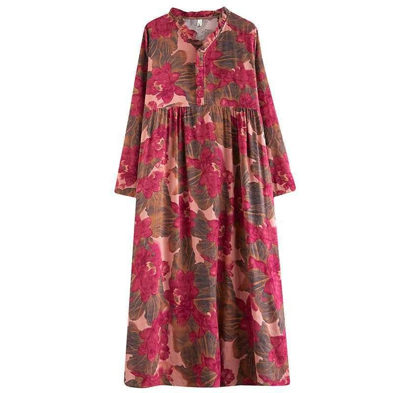 Printed Loose Belly Shading Mulle Lace Long Sleeve Hem Long Dresses