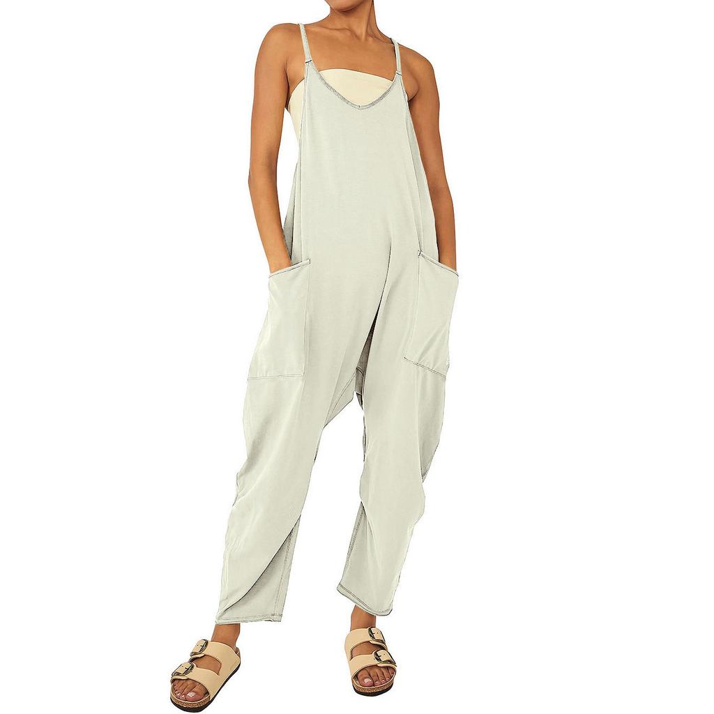 Women Casual Jumpsuit Summer Solid Loose Wide Leg Pants Bib Overalls Fashion Pocket Sleeveless Strap Baggy Streetwear Rompers