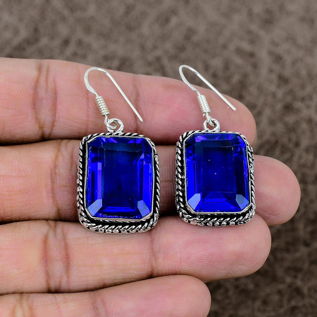 Blue Topaz Gemstone Handmade 925 Sterling Silver Jewelry Earring 1.77" KKG-992
