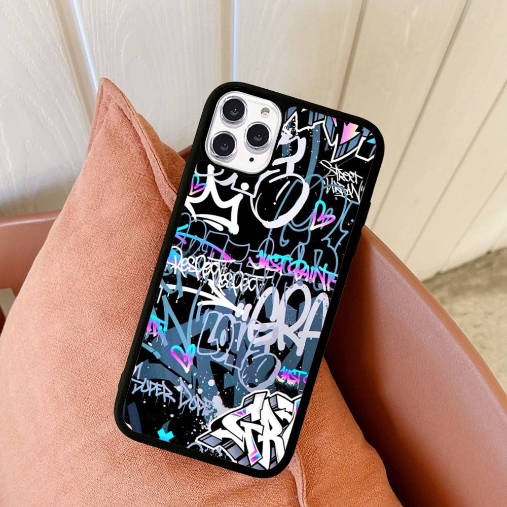 Cool Black Graffiti For iPhone 17 16 15 14 13 12 11 Mini Pro Max Plus PC+TPU Back Phone Cover