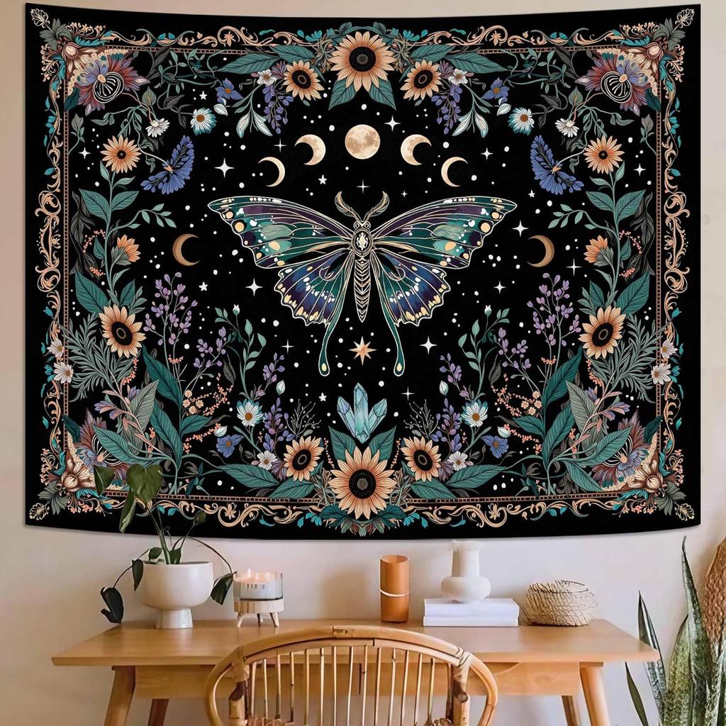 Faxdong Boho Green Butterfly Tapestry, Aesthetic Triple Moon and Sunflowers Crystal Tapestries, Moth Mystic Decor for Bedroom Living Room