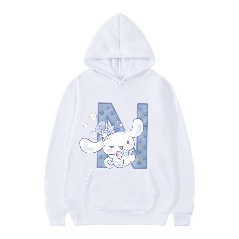 New Sanrio Cinnamoroll Woman and Men White Hoodies Letter A B C D Sweatshirts Clothes Kawaii Pullover Anime Cartoons Casual Tops