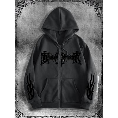 Y2K Gothic Donkere Stijl Bedrukte Hoodie met Rits, een modieuze streetwear keuze voor casual gelegenheden, perfect om te combineren met trendy outfits