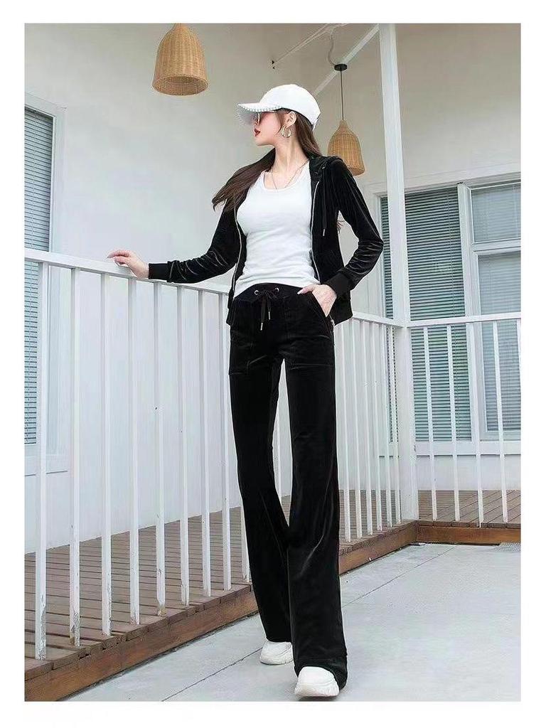 Dámská zlatá sametová mikina s kapucí a rovné kalhoty dvoudílná sportovní souprava na jaro a podzim