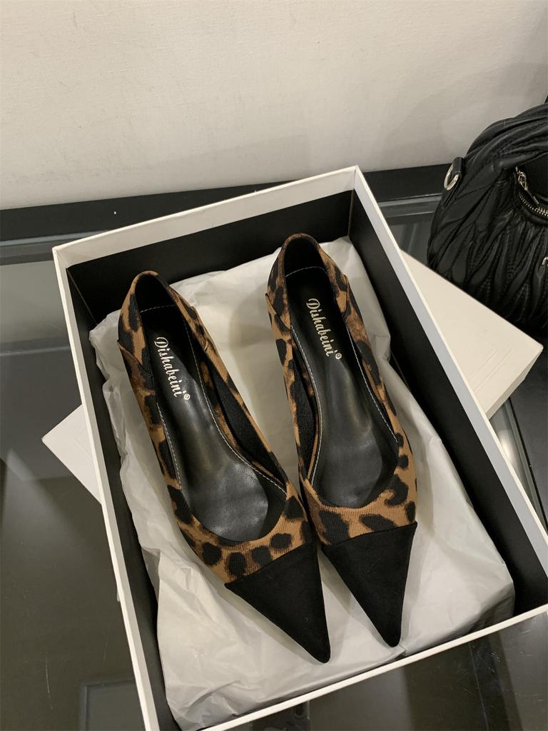 Pointed French Gentle Wind Splicing Stiletto Single Shoes Women's Commuting Shallow Mouth Temperament Kitten Heel High Heels