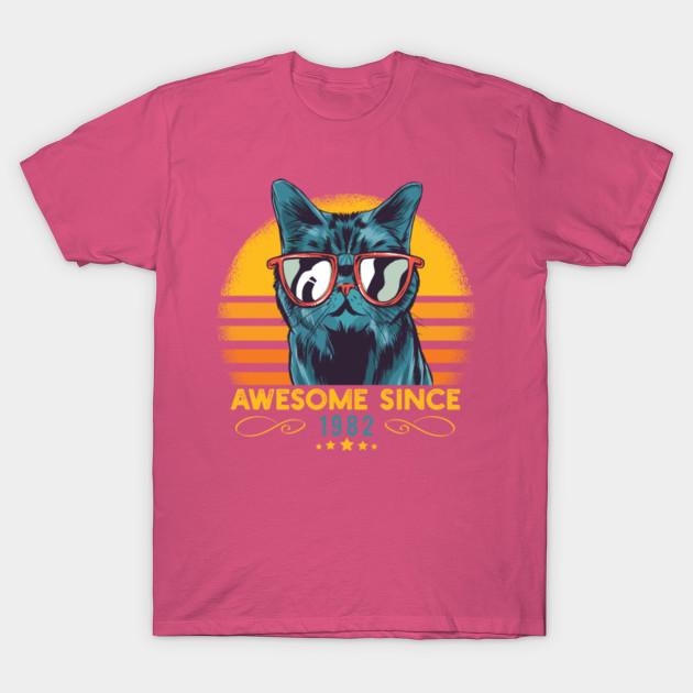 Women's Fashion Round Neck Short-sleeved Cat Awesome Since 1982 Funny Cat Lover Gift Idea F Print T-shirt Summer Casual Slim T-shirt