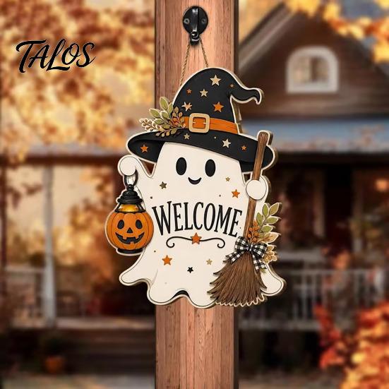 Halloween Party Decor Wooden Ghost Welcome Sign for Front Door, Rustic Cartoon Hanging Pumpkin Supplies Plaque with Wizard Hat And Broom Holiday Wall