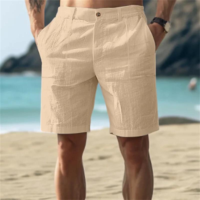 Men's Summer New Linen Beach Breathable Straight Casual Shorts Solid Color Loose Vacation Style Five-point Pants