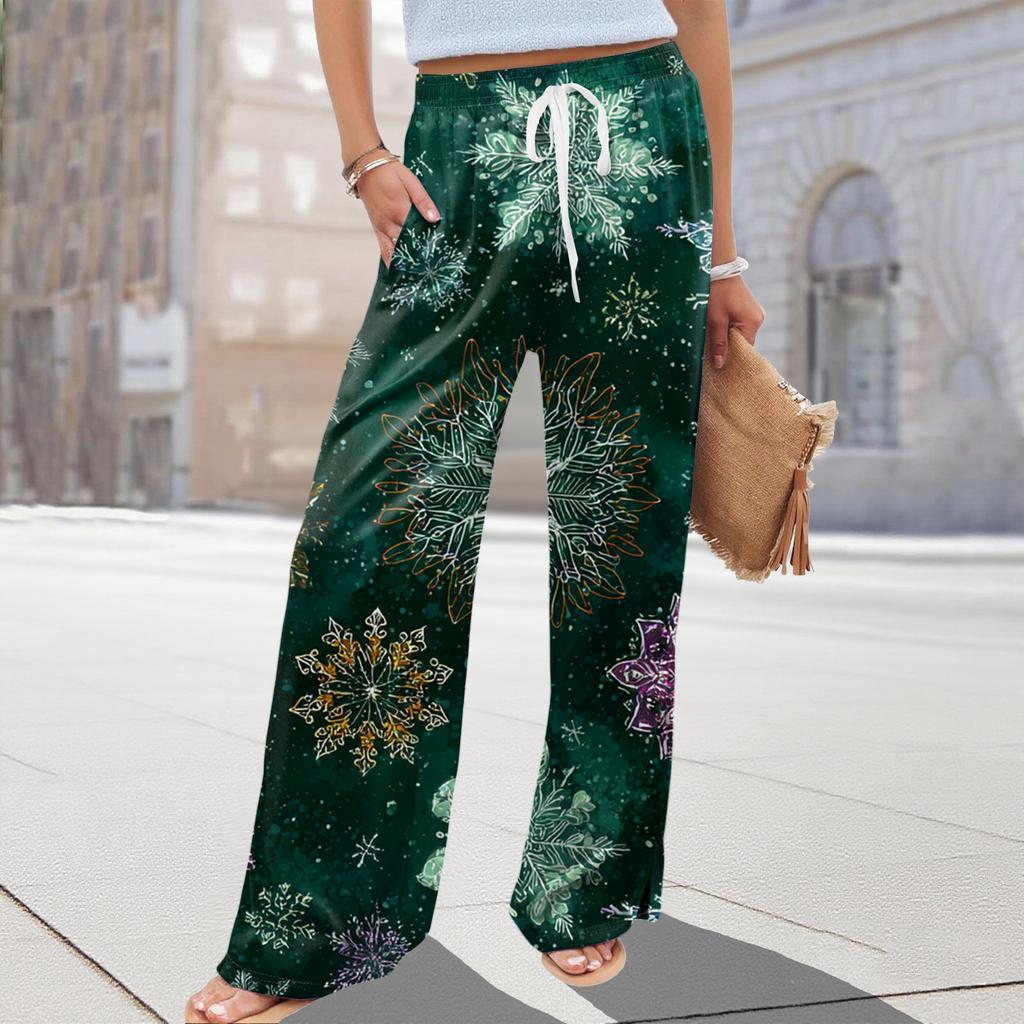 Ladies' Loose And Casual Christmas Printed Wide Leg Pants With Elastic Waistband Drawstring And Pocket Pants