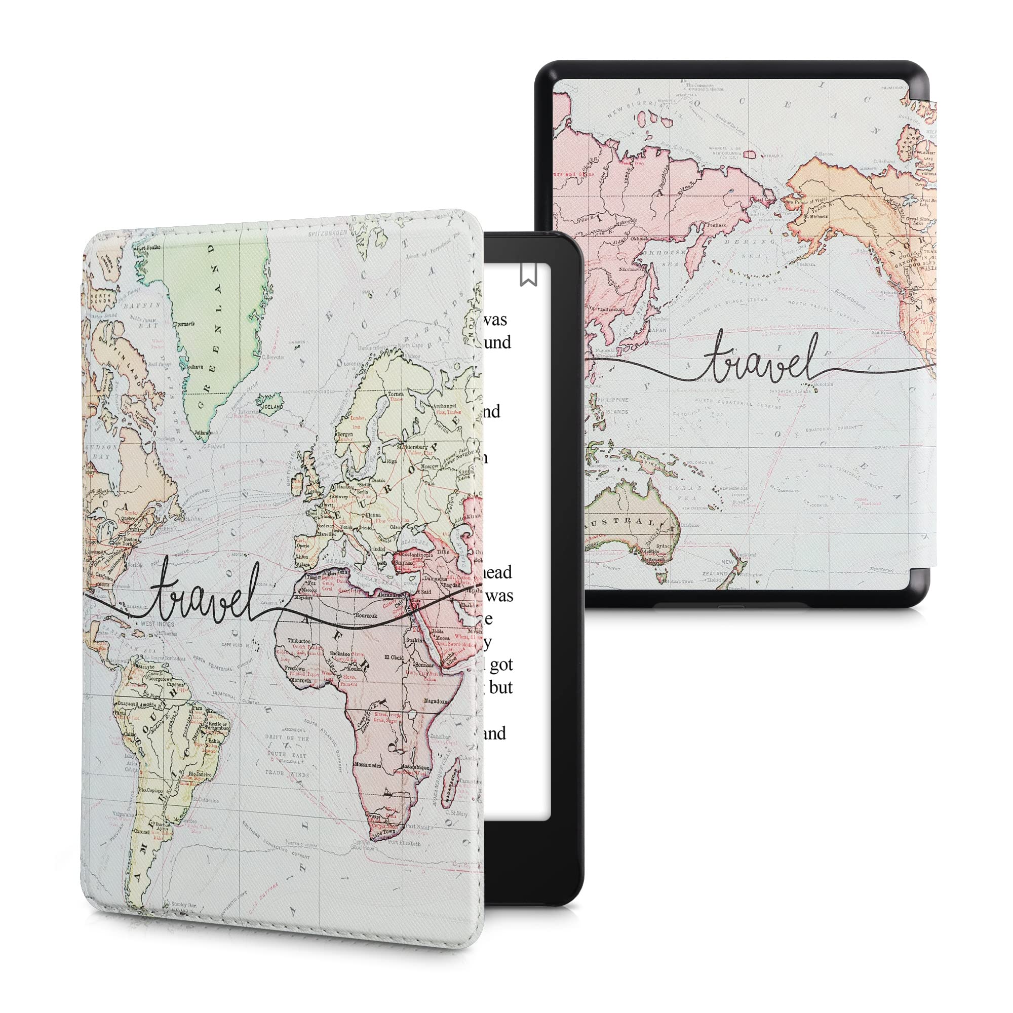 

kwmobile Case for Amazon Kindle Paperwhite Generation 2021 Shockproof PU Leather Folio Case with World Map and Travel Design 11. -