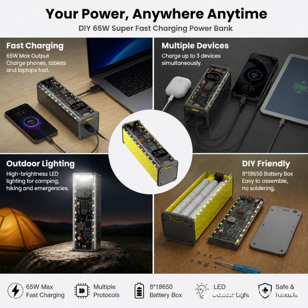 PD 65W/45W/20W Super Fast Charging Power Bank DIY Module Shell With Built-in Charging Cable DIY Battery Box Place8-Cell Pack