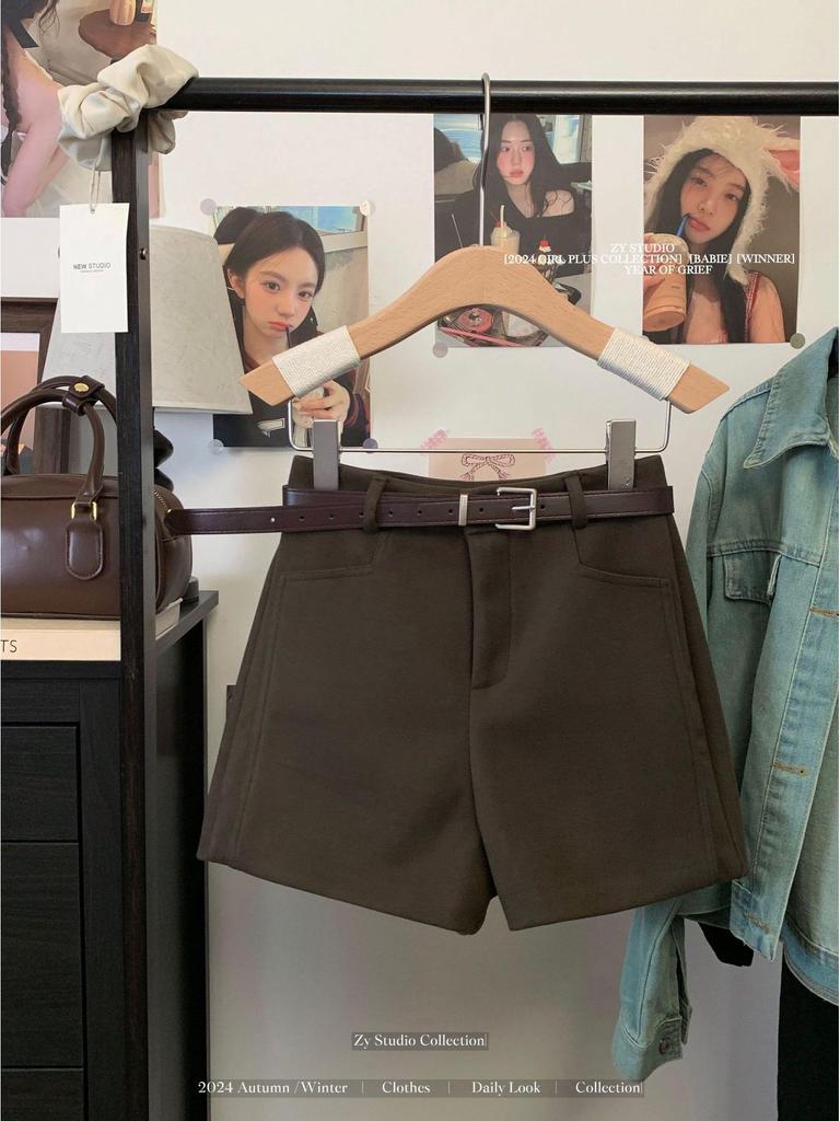 Gray Wool Blend High-Waisted Wide-Leg Shorts for Women - Autumn/Winter Versatile Outerwear