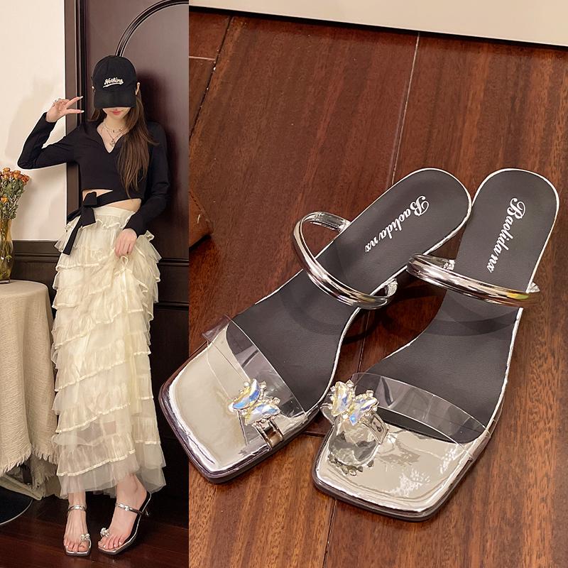 

Fashion Women Kitten Heels Stiletto Mules Square Open Toe Slip On Sandals Slippers Rhinestone Buckle Strappy Heels Slingback Shoes 35 серебряный