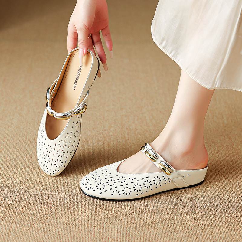 Krazing Pot Cow Skin Mules Round Toe Size 42 Low Heels Slip On Light Shoes Increased Hollow Style Autumn Pumps