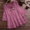 Summer Elegant Holiday Blouse Women Casual Loose Top Cotton Linen Stitching Lace Flower V Neck Solid Tops Shirt