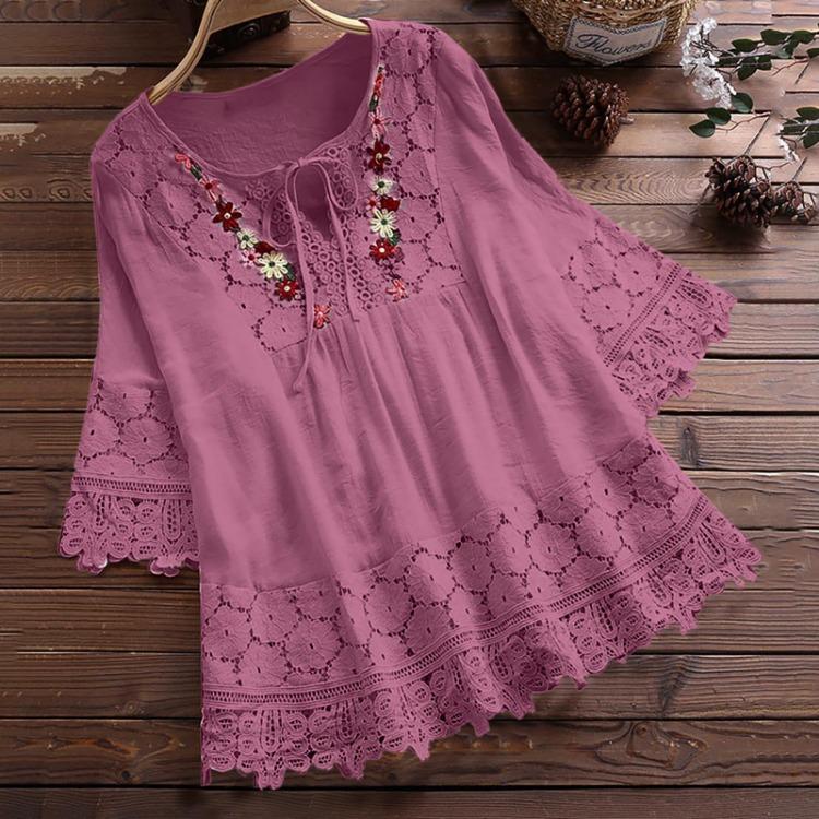 Summer Elegant Holiday Blouse Women Casual Loose Top Cotton Linen Stitching Lace Flower V Neck Solid Tops Shirt
