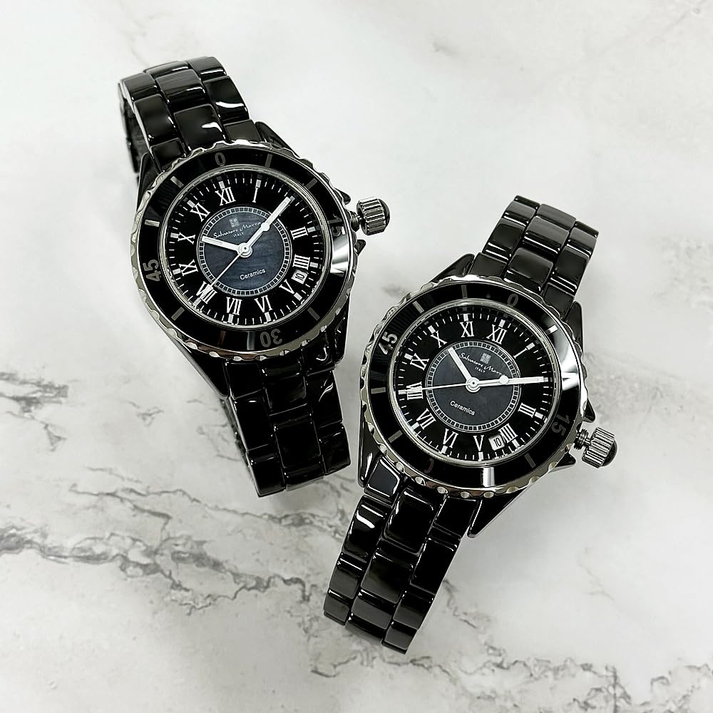 Salvatore Marra Pair Ceramic Bracelet Watch Set with Storage Box SM23103-BKR Unisex Black Calendar Function