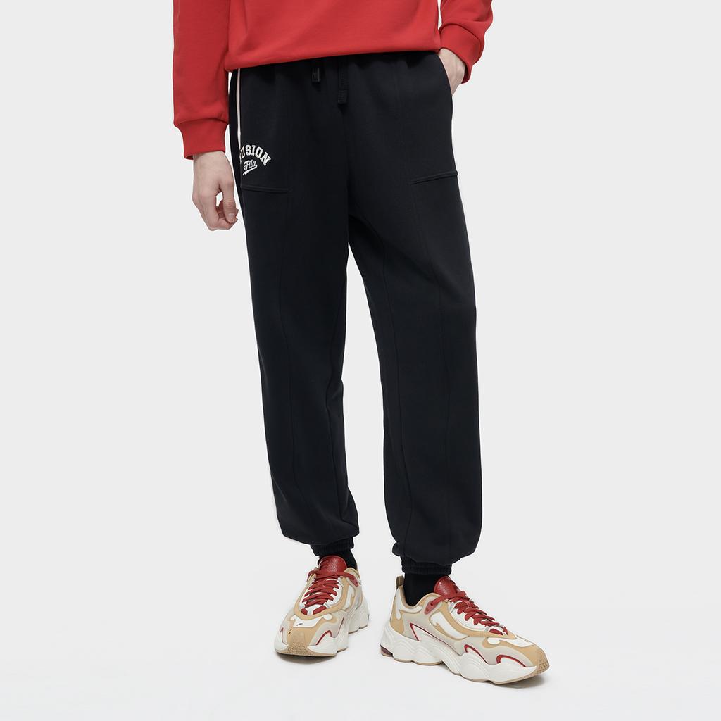 Fila Fusion New Year Dragon Fortune Series Retro Color Block Letter Print Cuffed Loose Quick-Dry Knitted Sports Pants Men Pants T11M412606F-BK